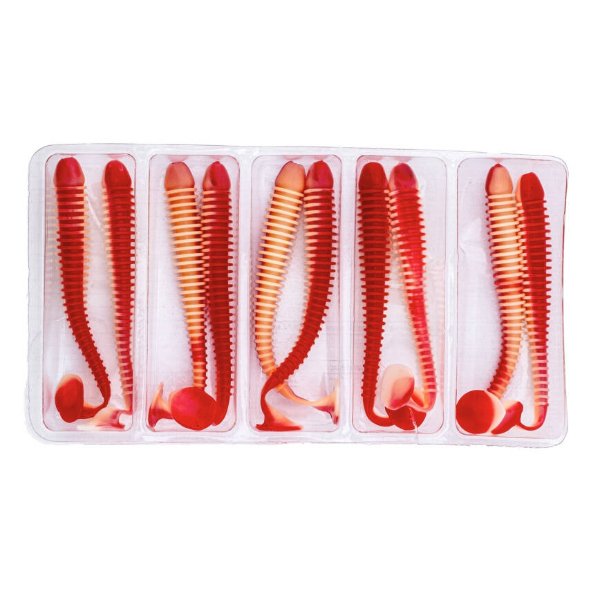 Silikon Kurt Yem - 4,2g 105mm - Turna/Levrek Silikonu - 1 Adet - Kırmızı/Beyaz - Karides Kokulu - 3