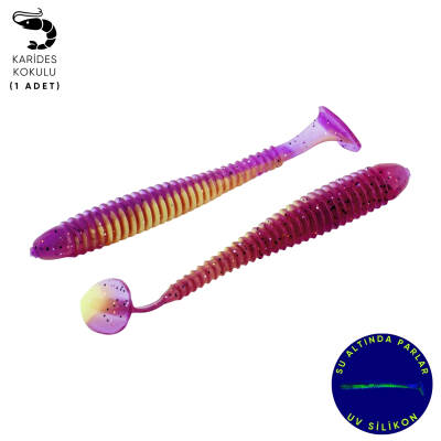 Silikon Kurt Yem - 4,2g 105mm - Turna/Levrek Silikonu - Mor/Yeşil Karides Kokulu