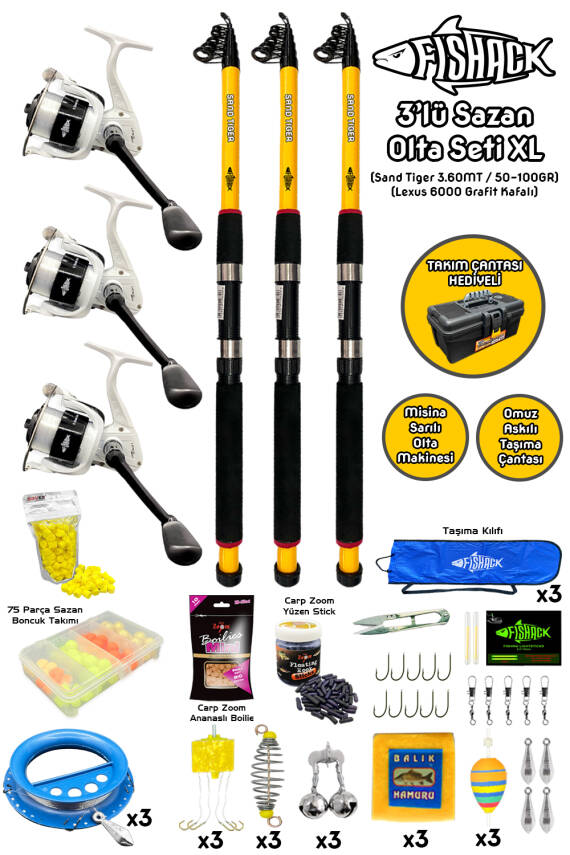 Tam Takım Sazan Olta Seti - 3'lü Set - XL - 3.60MT/50-100GR - 1