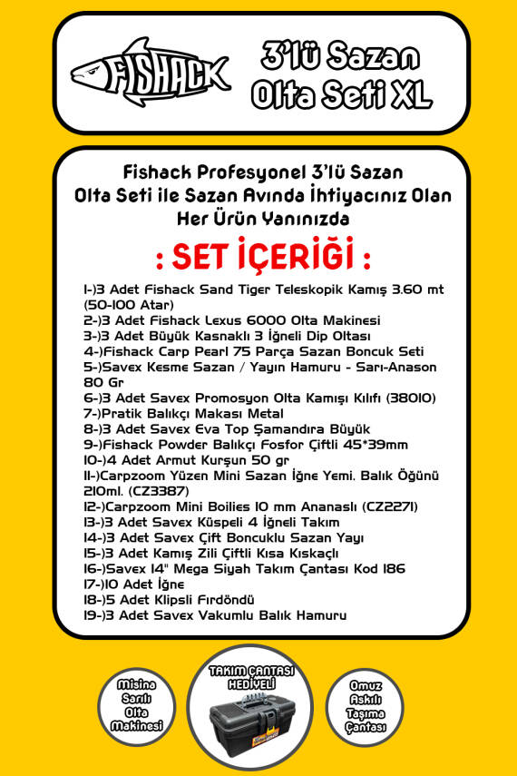 Tam Takım Sazan Olta Seti - 3'lü Set - XL - 3.60MT/50-100GR - 2