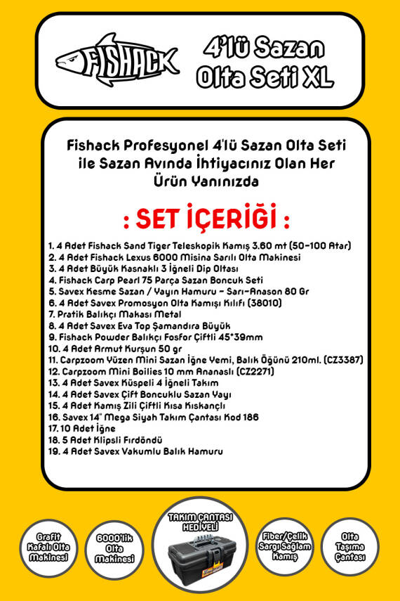 Tam Takım Sazan Olta Seti - 4'lü Set - XL - 3.60MT/50-100GR - 2
