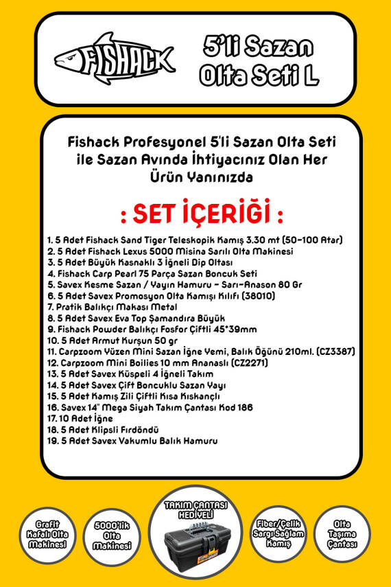 Tam Takım Sazan Olta Seti - 5'li Set - L - 3.30MT/50-100GR - 2