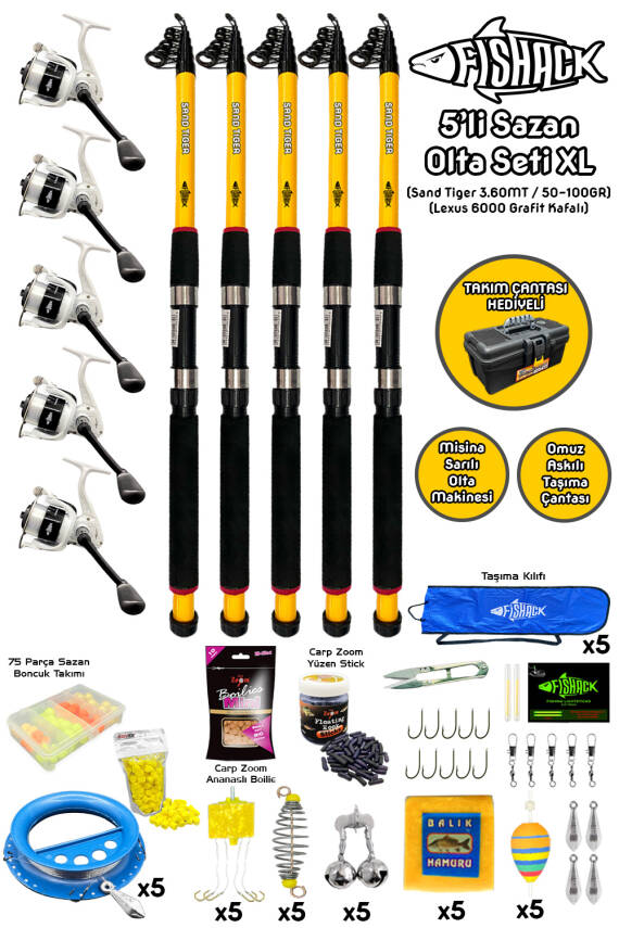 Tam Takım Sazan Olta Seti - 5'li Set - XL - 3.60MT/50-100GR - 1